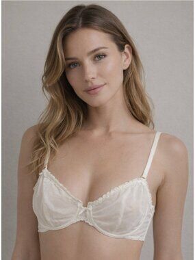 VINTAGE VICTORIA'S SECRET Mesh Lace Satin Finish Bra in Cream Size 36B Coquette